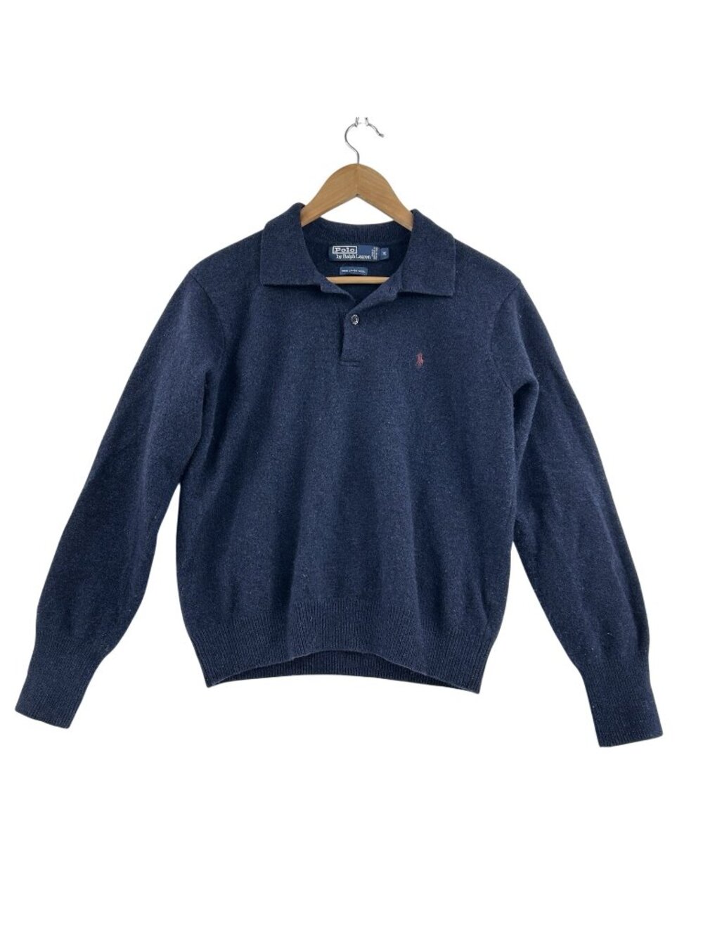 VTG 90s Polo Ralph Lauren 100% Lambswool Sweater Button Youth M Blue Hong Kong